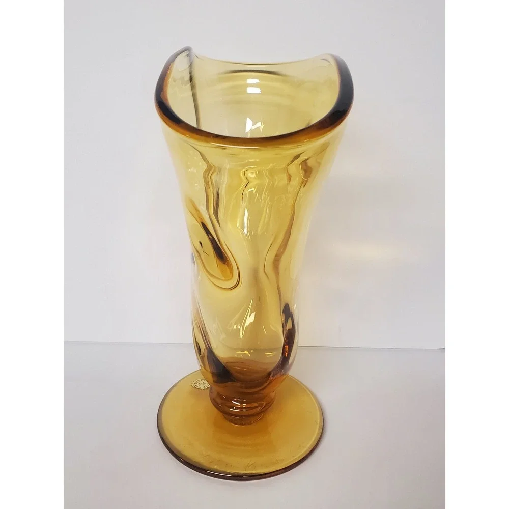 Vintage Amber Glass Vase Silver Brook Art Glass Dimpled Vase MCM